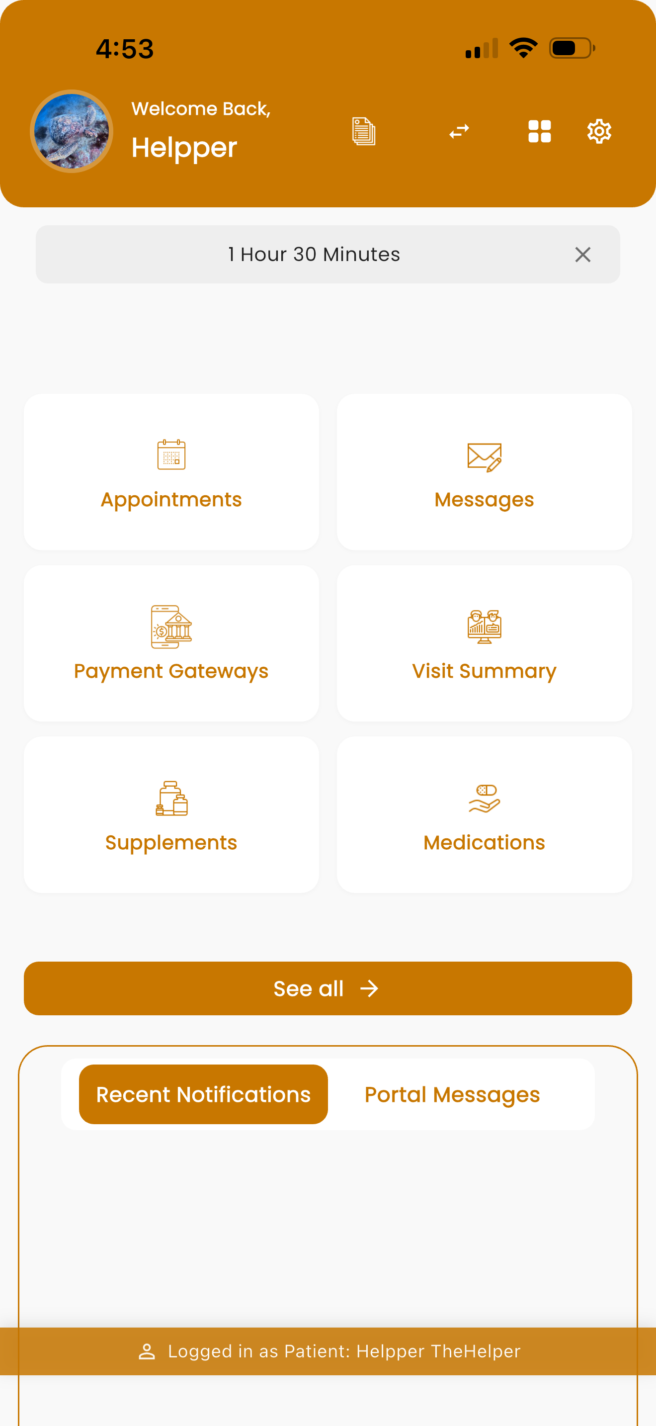 Portal Messenger Pro patient home screen showing appointments, messages, payment gateways, visit summary, supplements, and medications