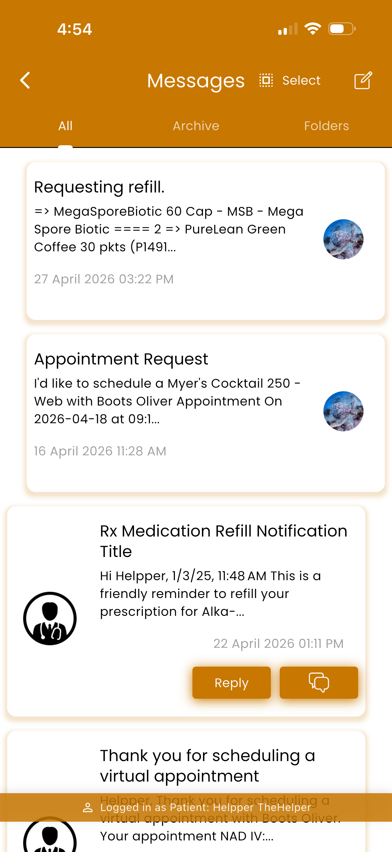 Portal Messenger Pro patient secure messages screen with refill request, appointment request, prescription notification, and reply buttons