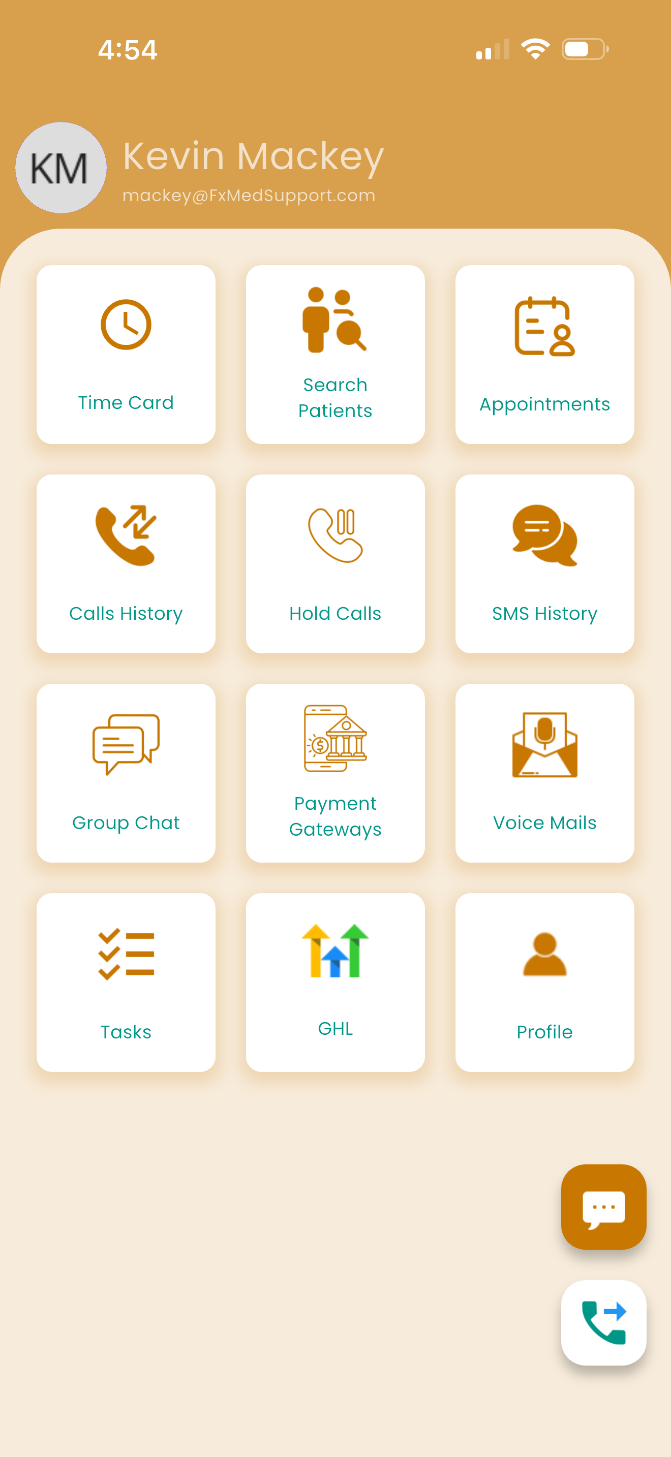 Portal Messenger Pro admin home screen showing time card, patient search, appointments, calls history, hold calls, SMS history, group chat, payment gateways, voice mails, tasks, GHL, and profile