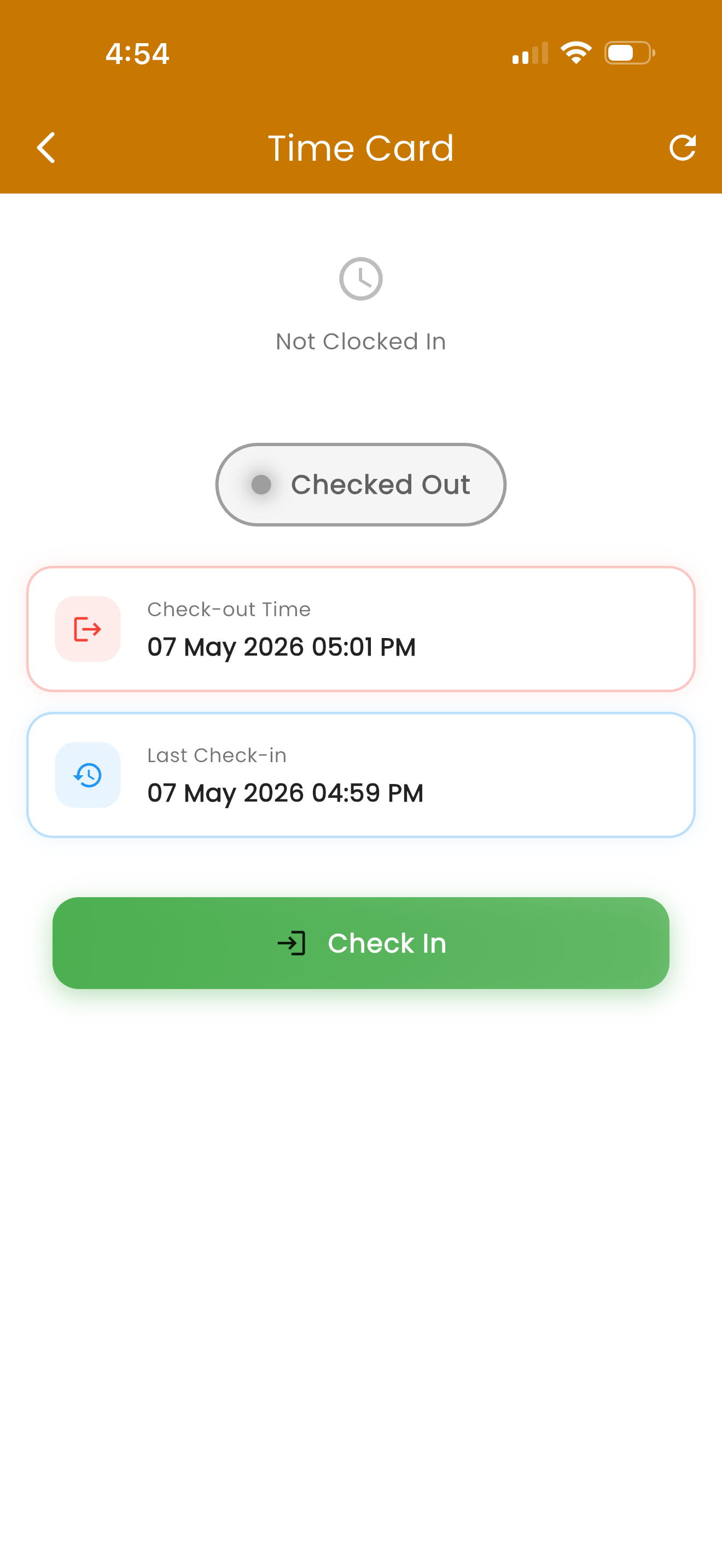 Portal Messenger Pro time card screen showing Not Clocked In status, Check-out Time, Last Check-in, and Check In button
