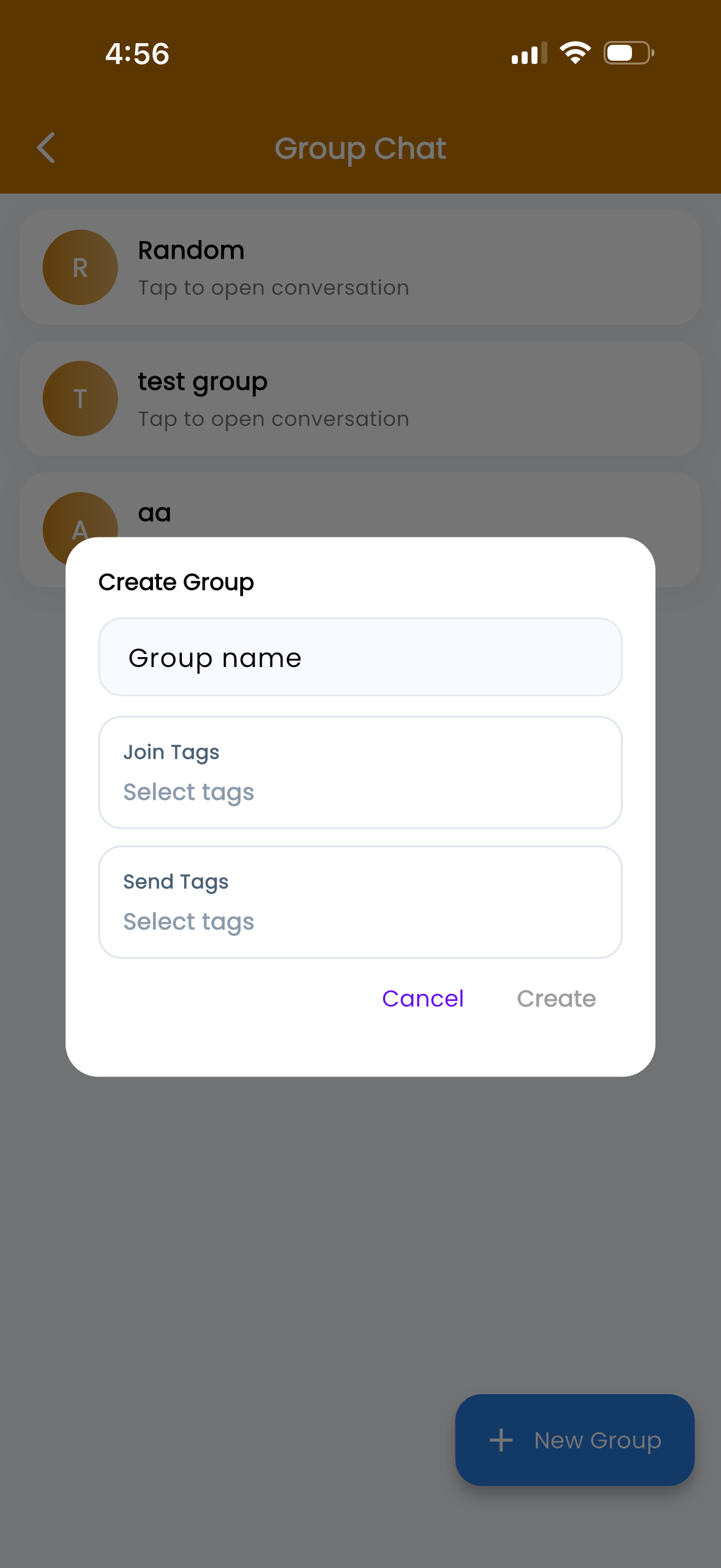 Portal Messenger Pro group chat screen showing existing groups and the Create Group modal with group name, join tags, and send tags fields