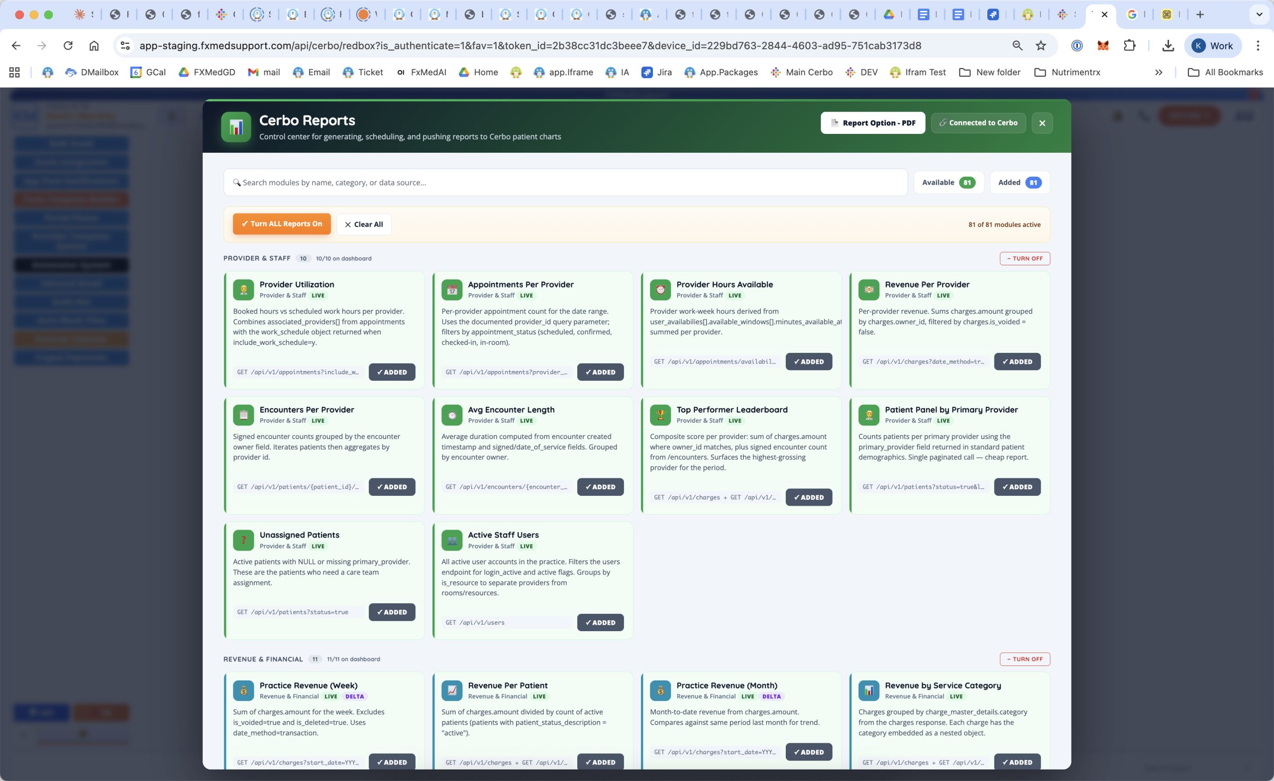 Portal Cerbo Visual Reporting System - Cerbo Reports control center with Connected to Cerbo status, Turn ALL Reports On button, individual module cards with API endpoints