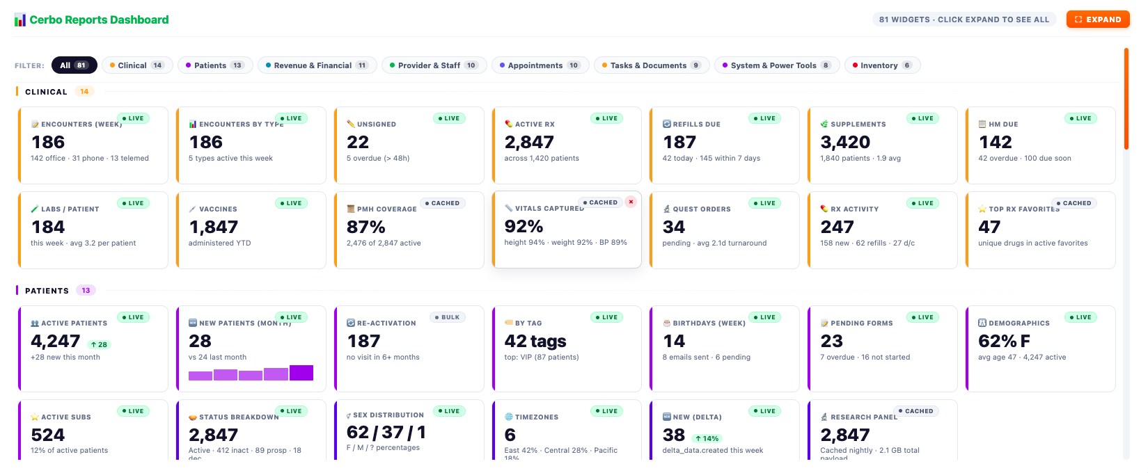 Portal Cerbo Visual Reporting System - Live unified dashboard with widgets across Clinical, Patients, Revenue, Provider, Appointments, Tasks, System, and Inventory categories